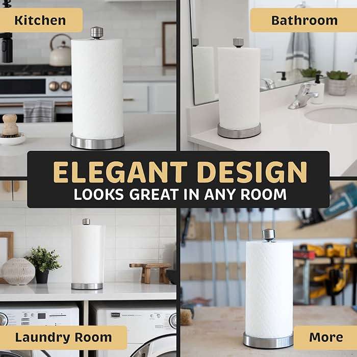 Heavy-Duty Stainless Steel Paper Towel Holder - Easy One-Handed Tear with Suction Cups - Modern Weighted Standing Countertop Dispenser for Kitchen - Holds All Paper Towel Rolls, Silver - Image 5