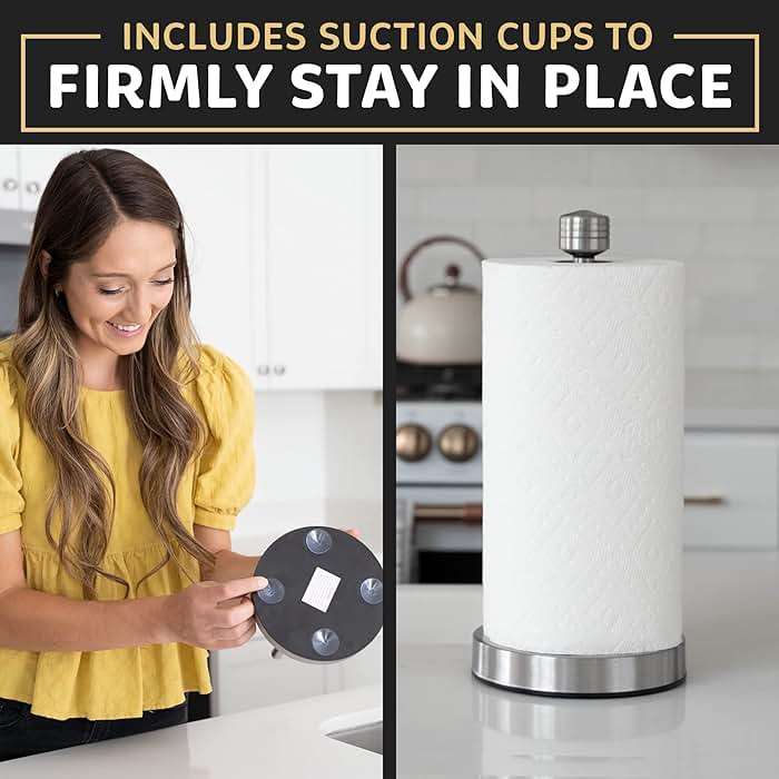 Heavy-Duty Stainless Steel Paper Towel Holder - Easy One-Handed Tear with Suction Cups - Modern Weighted Standing Countertop Dispenser for Kitchen - Holds All Paper Towel Rolls, Silver - Image 6