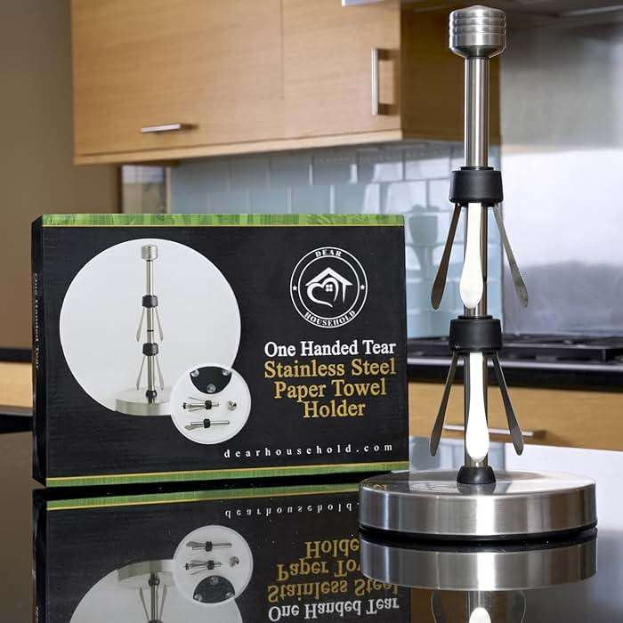 Heavy-Duty Stainless Steel Paper Towel Holder - Easy One-Handed Tear with Suction Cups - Modern Weighted Standing Countertop Dispenser for Kitchen - Holds All Paper Towel Rolls, Silver - Image 9