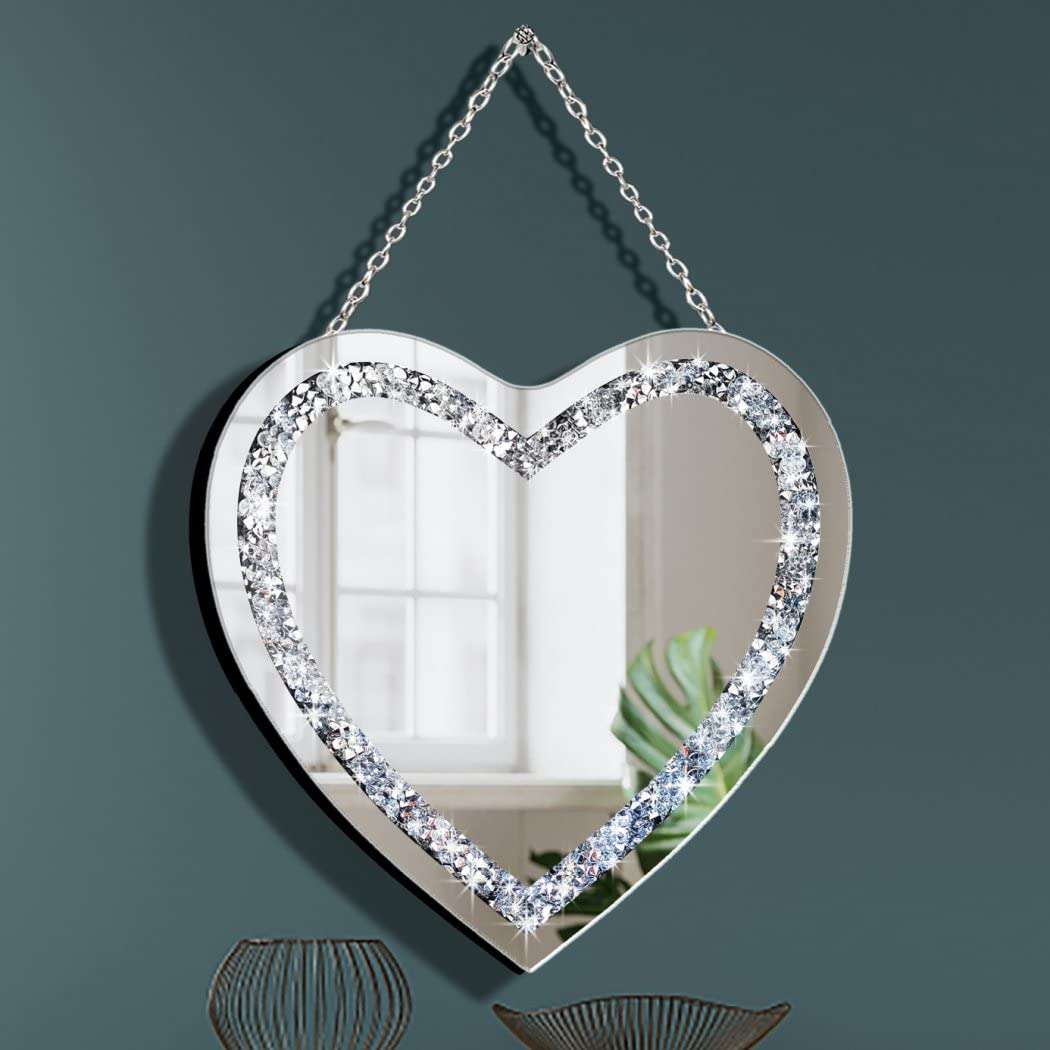DMDFIRST Crystal Crush Diamond Heart Shaped Silver Mirror with Silver Stainless Steel Chain for Wall Decoration 12x12x0.5 inch Frameless Glam Mirror - Image 1