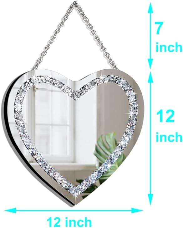 DMDFIRST Crystal Crush Diamond Heart Shaped Silver Mirror with Silver Stainless Steel Chain for Wall Decoration 12x12x0.5 inch Frameless Glam Mirror - Image 3