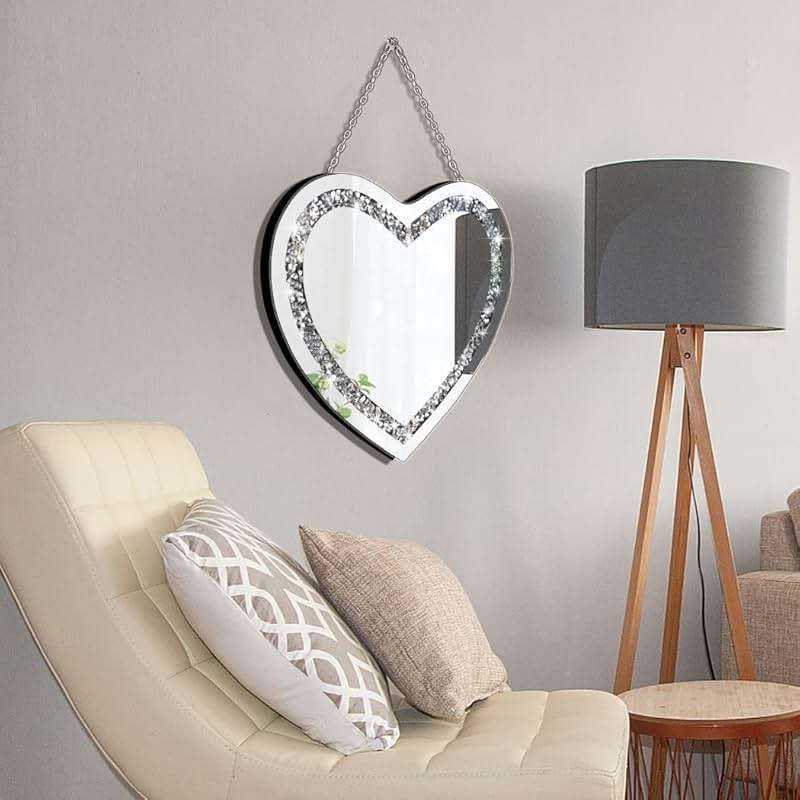 DMDFIRST Crystal Crush Diamond Heart Shaped Silver Mirror with Silver Stainless Steel Chain for Wall Decoration 12x12x0.5 inch Frameless Glam Mirror - Image 4