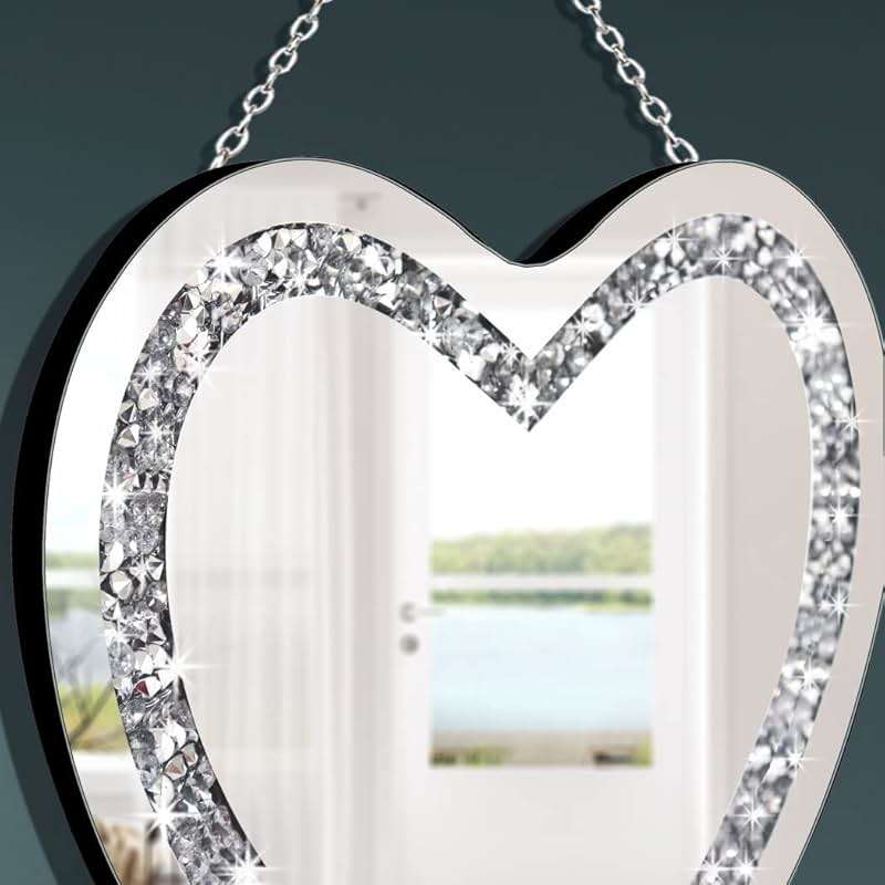DMDFIRST Crystal Crush Diamond Heart Shaped Silver Mirror with Silver Stainless Steel Chain for Wall Decoration 12x12x0.5 inch Frameless Glam Mirror - Image 5