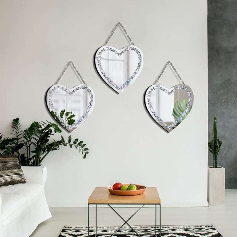 DMDFIRST Crystal Crush Diamond Heart Shaped Silver Mirror with Silver Stainless Steel Chain for Wall Decoration 12x12x0.5 inch Frameless Glam Mirror - Image 6
