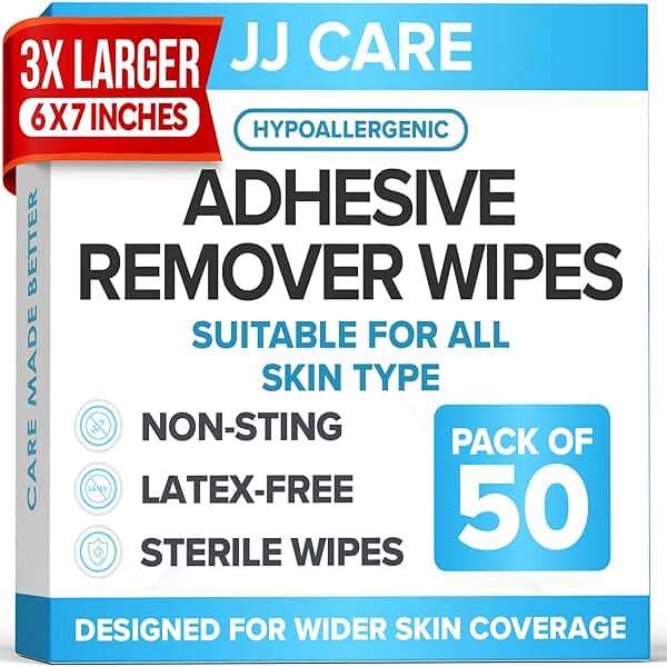 JJ CARE Adhesive Remover Wipes [Pack of 50] - Large Stoma Wipes - Sting Free Adhesive Remover for Skin Ostomy, Stoma, Colostomy Devices and Dressings - Image 1