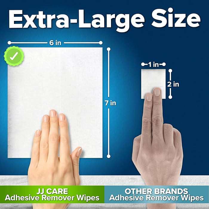 JJ CARE Adhesive Remover Wipes [Pack of 50] - Large Stoma Wipes - Sting Free Adhesive Remover for Skin Ostomy, Stoma, Colostomy Devices and Dressings - Image 2