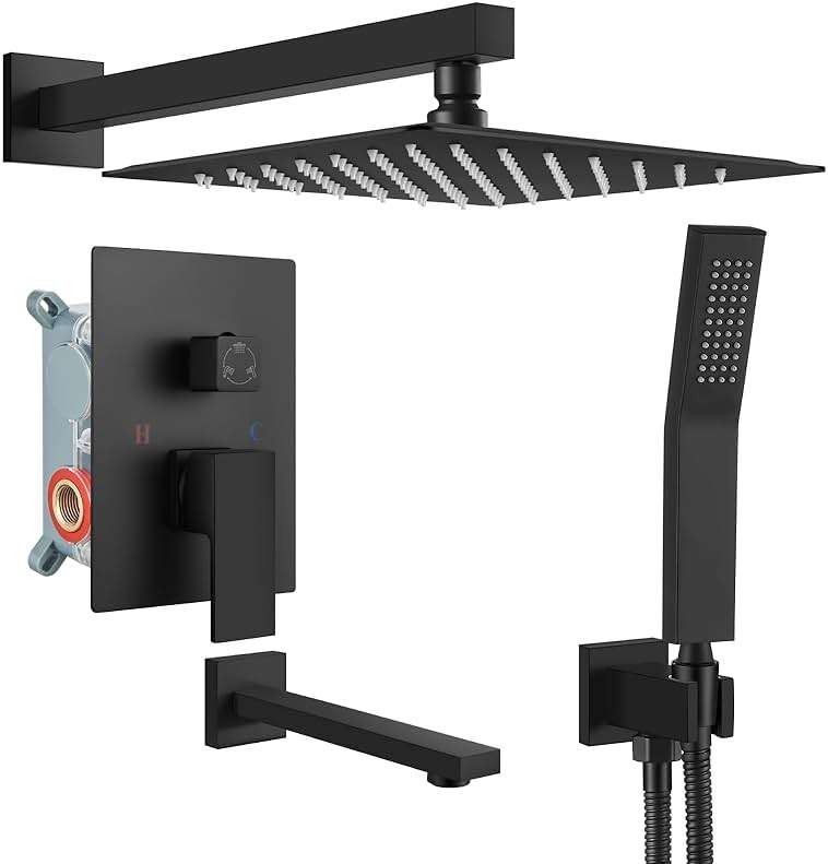 gotonovo Shower System with Tub Spout Wall Mounted Rain Shower Head and Handle Combo Shower Faucet Set with Valve, 10 Inch, Matte Black - Image 1