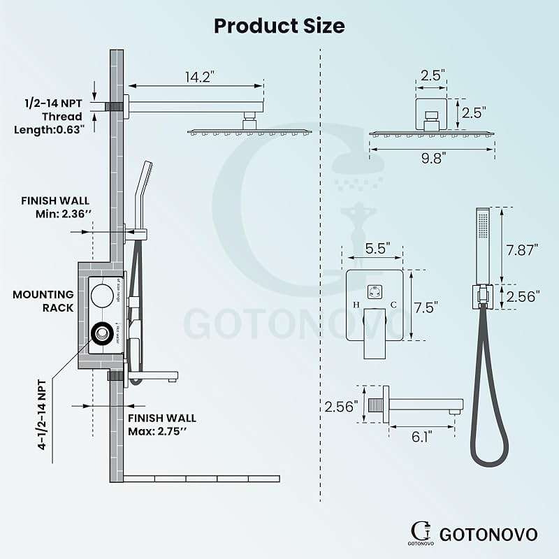 gotonovo Shower System with Tub Spout Wall Mounted Rain Shower Head and Handle Combo Shower Faucet Set with Valve, 10 Inch, Matte Black - Image 2