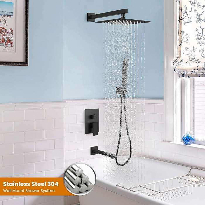 gotonovo Shower System with Tub Spout Wall Mounted Rain Shower Head and Handle Combo Shower Faucet Set with Valve, 10 Inch, Matte Black - Image 3