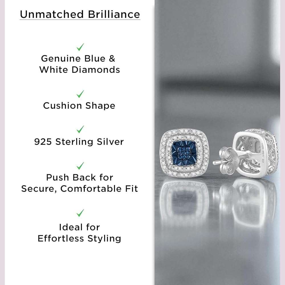 Jewelili 925 Sterling Silver Stud Earrings for Women | 1/4 CTW Diamonds | Choice of Heart, Cushion, Pear or Round shape in Black, Blue, or White Diamonds | Push Back Post | Fine Jewelry - Image 2