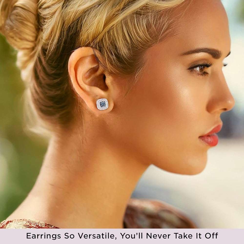 Jewelili 925 Sterling Silver Stud Earrings for Women | 1/4 CTW Diamonds | Choice of Heart, Cushion, Pear or Round shape in Black, Blue, or White Diamonds | Push Back Post | Fine Jewelry - Image 3