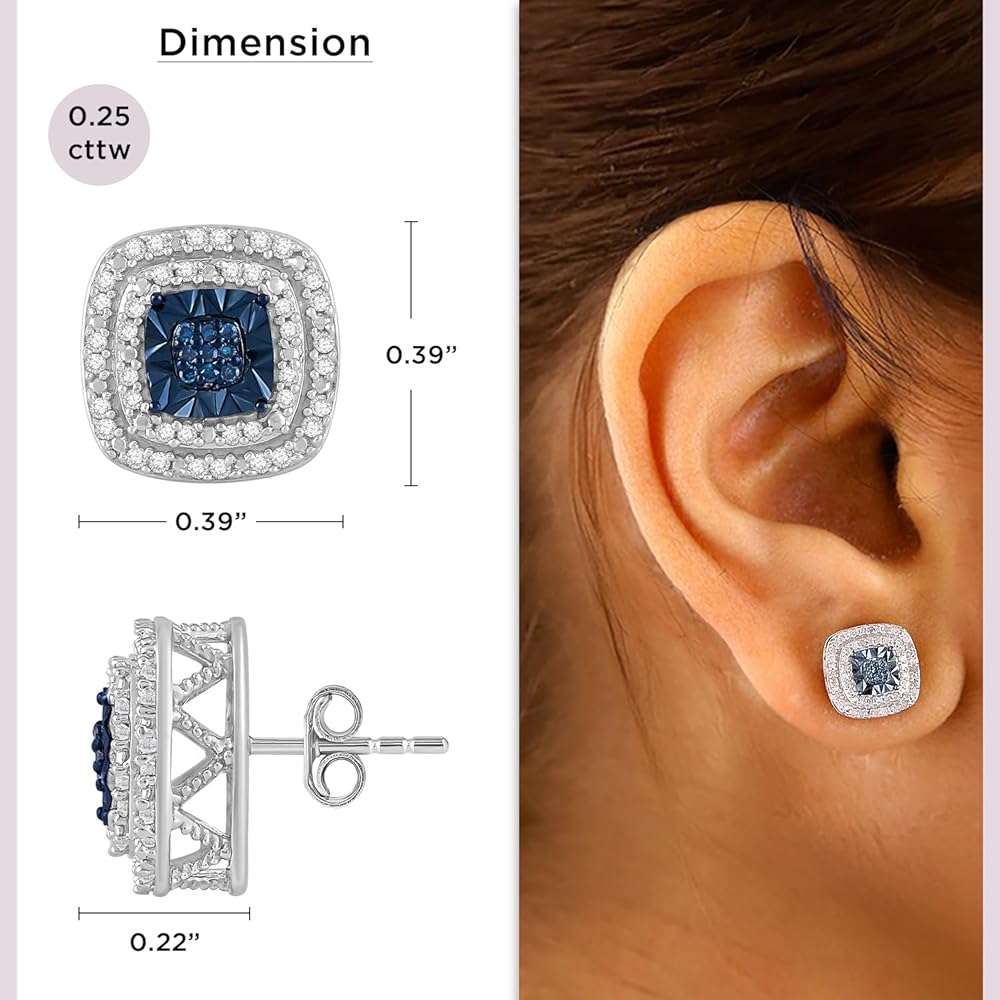 Jewelili 925 Sterling Silver Stud Earrings for Women | 1/4 CTW Diamonds | Choice of Heart, Cushion, Pear or Round shape in Black, Blue, or White Diamonds | Push Back Post | Fine Jewelry - Image 4