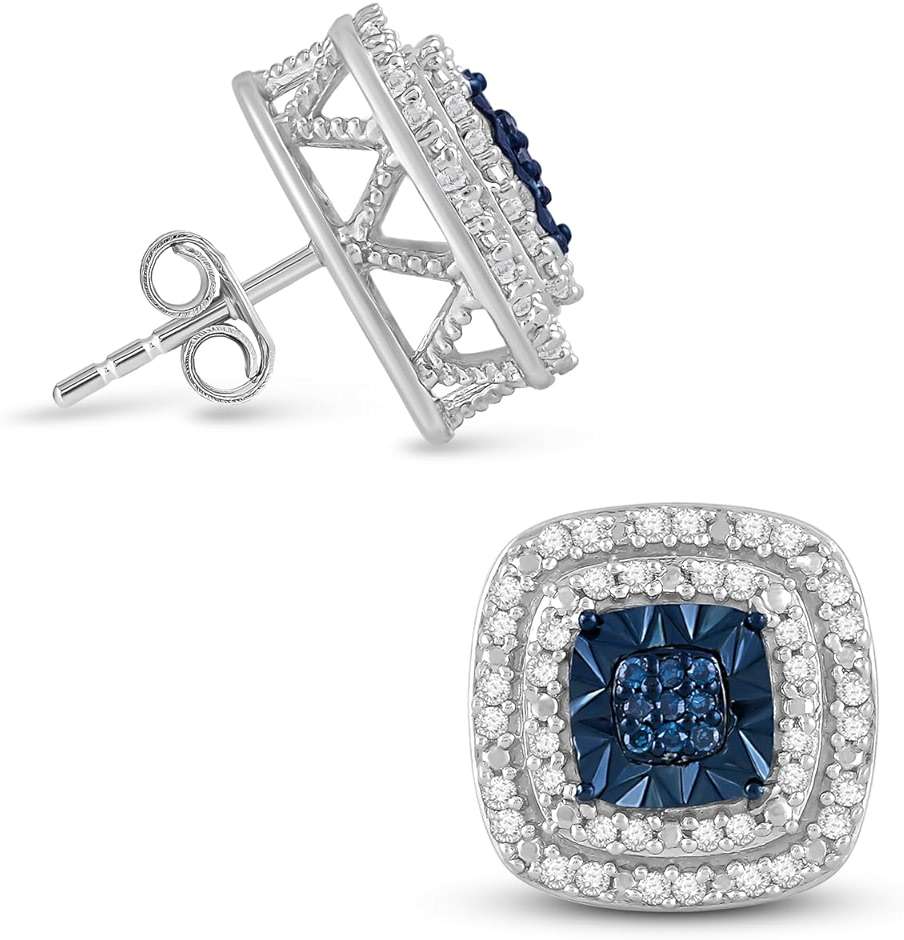 Jewelili 925 Sterling Silver Stud Earrings for Women | 1/4 CTW Diamonds | Choice of Heart, Cushion, Pear or Round shape in Black, Blue, or White Diamonds | Push Back Post | Fine Jewelry - Image 7