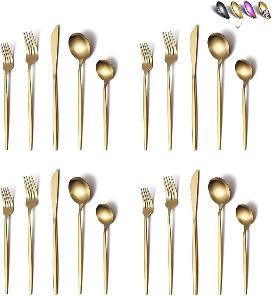 Matte Gold Silverware Set 40 Pieces, Stainless Steel Golden Flatware Set, Titanium Plating Cutlery Set, Matte Gold Utensil Sets, Service Set for 8 (Matte Golden) - Image 1