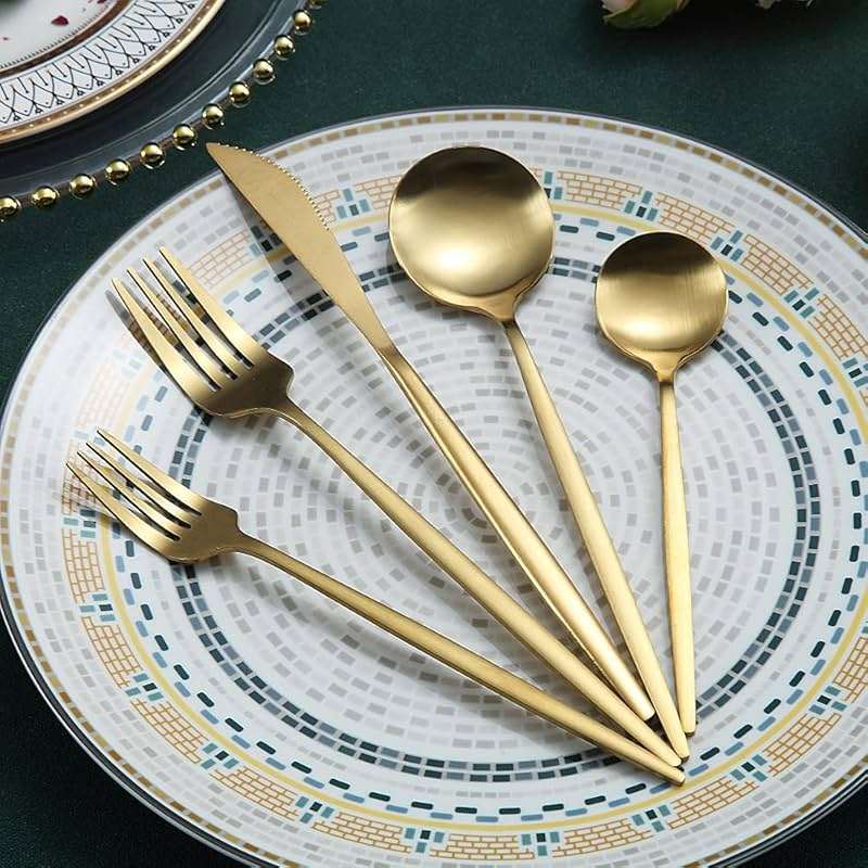 Matte Gold Silverware Set 40 Pieces, Stainless Steel Golden Flatware Set, Titanium Plating Cutlery Set, Matte Gold Utensil Sets, Service Set for 8 (Matte Golden) - Image 2