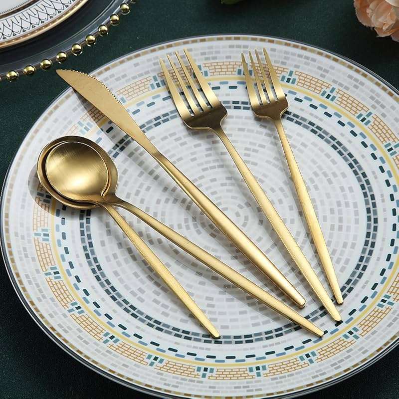 Matte Gold Silverware Set 40 Pieces, Stainless Steel Golden Flatware Set, Titanium Plating Cutlery Set, Matte Gold Utensil Sets, Service Set for 8 (Matte Golden) - Image 3