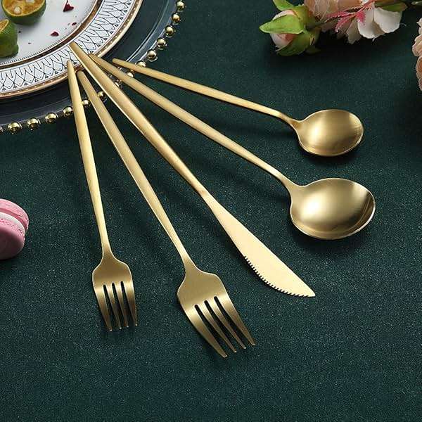 Matte Gold Silverware Set 40 Pieces, Stainless Steel Golden Flatware Set, Titanium Plating Cutlery Set, Matte Gold Utensil Sets, Service Set for 8 (Matte Golden) - Image 4