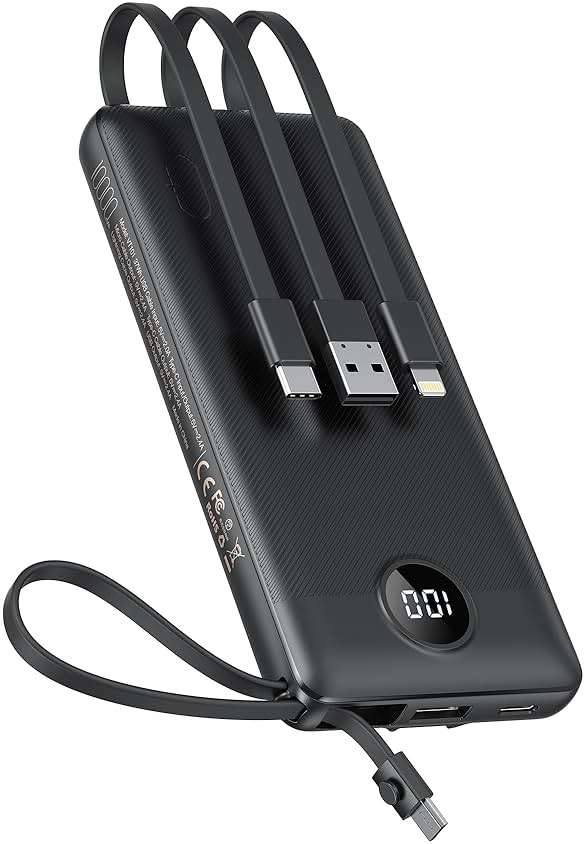 VEEKTOMX 10000mAh Portable Charger with 4 Built-in Cables | Slim Power Bank, USB-C Battery Pack with iPhone & Micro USB, TSA Approved Travel Charger for iPhone, Samsung, Android, Black - Image 1