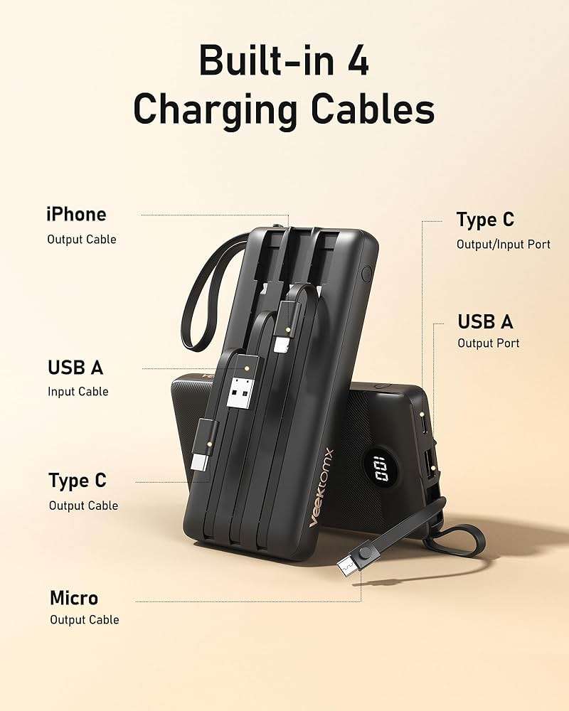 VEEKTOMX 10000mAh Portable Charger with 4 Built-in Cables | Slim Power Bank, USB-C Battery Pack with iPhone & Micro USB, TSA Approved Travel Charger for iPhone, Samsung, Android, Black - Image 2