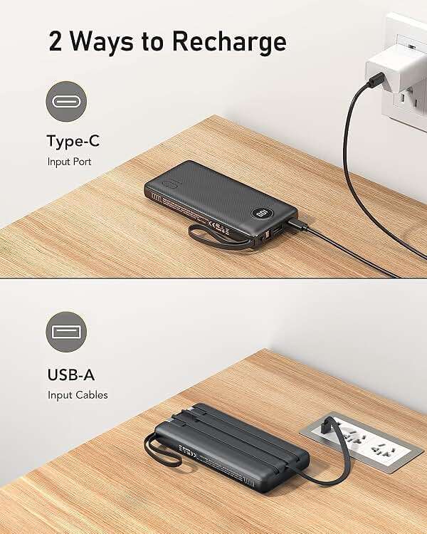 VEEKTOMX 10000mAh Portable Charger with 4 Built-in Cables | Slim Power Bank, USB-C Battery Pack with iPhone & Micro USB, TSA Approved Travel Charger for iPhone, Samsung, Android, Black - Image 6
