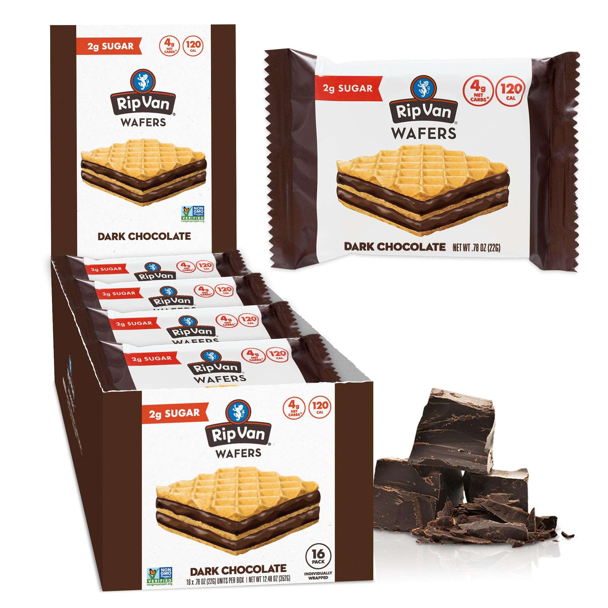 Rip Van Dark Chocolate Wafer Cookies - Healthy Snacks - Non GMO, Keto, Low Carb, Low Sugar (2g), Low Calorie and Vegan, 16 Count - Image 1