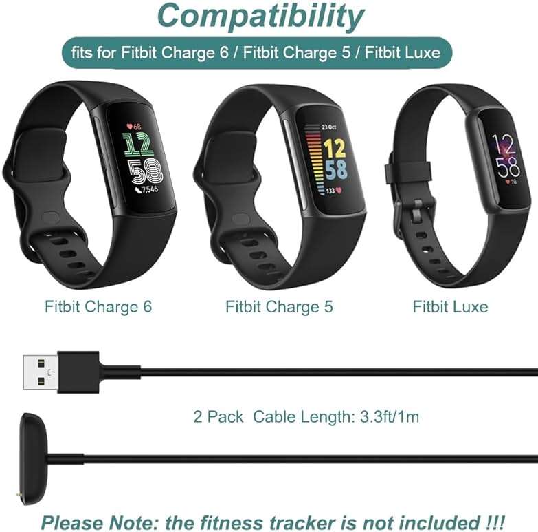 Charger for Fitbit Charge 5 / Charge 6 / Luxe, Replacement Charging Cable Cord Accessories for Fitbit Bands (2-Pack, 3.3ft/1m) - Image 2