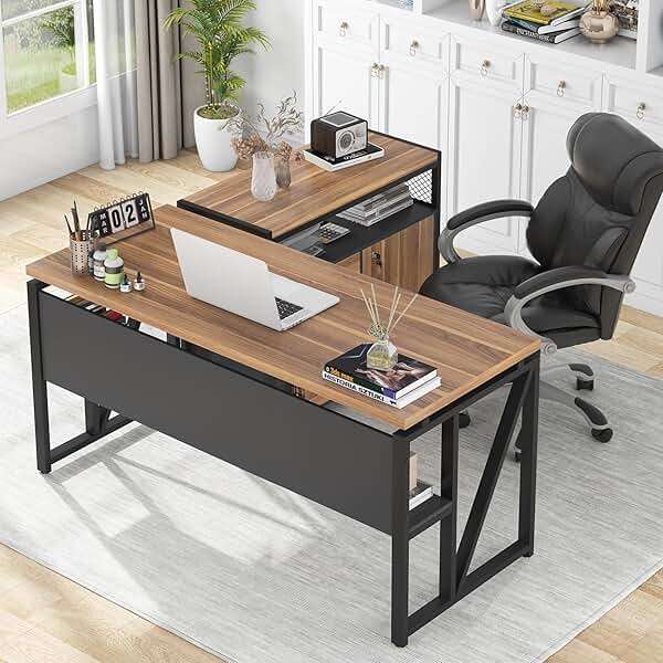 Tribesigns 55-inch L Shaped Desk with Drawer Cabinet, Executive Computer Desk and lateral File Cabinet, 2 Piece Home Office Furniture with Drawers for Hanging File, Doors with Locks (Brown, 55 inches) - Image 1
