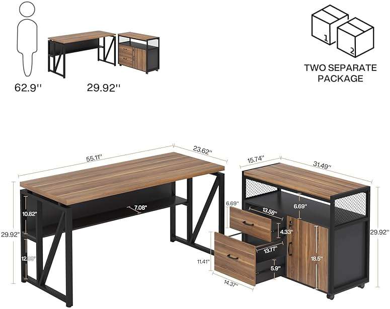 Tribesigns 55-inch L Shaped Desk with Drawer Cabinet, Executive Computer Desk and lateral File Cabinet, 2 Piece Home Office Furniture with Drawers for Hanging File, Doors with Locks (Brown, 55 inches) - Image 2