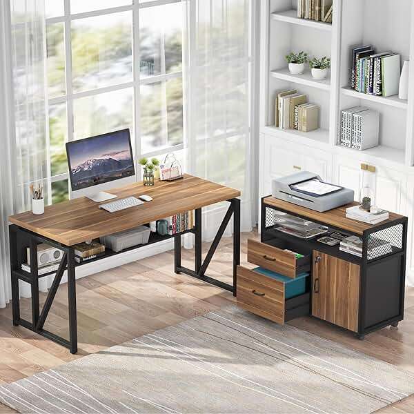 Tribesigns 55-inch L Shaped Desk with Drawer Cabinet, Executive Computer Desk and lateral File Cabinet, 2 Piece Home Office Furniture with Drawers for Hanging File, Doors with Locks (Brown, 55 inches) - Image 3