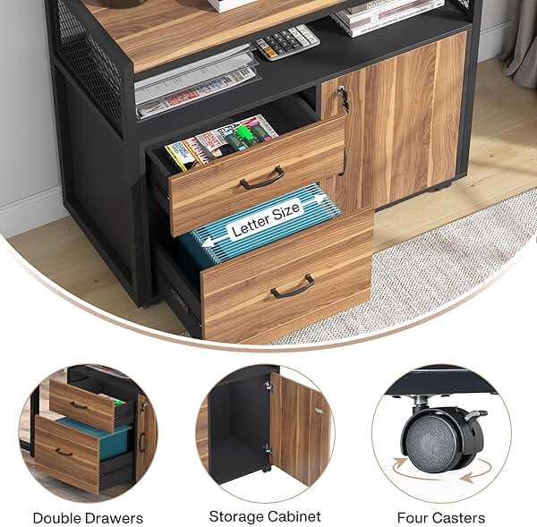 Tribesigns 55-inch L Shaped Desk with Drawer Cabinet, Executive Computer Desk and lateral File Cabinet, 2 Piece Home Office Furniture with Drawers for Hanging File, Doors with Locks (Brown, 55 inches) - Image 5