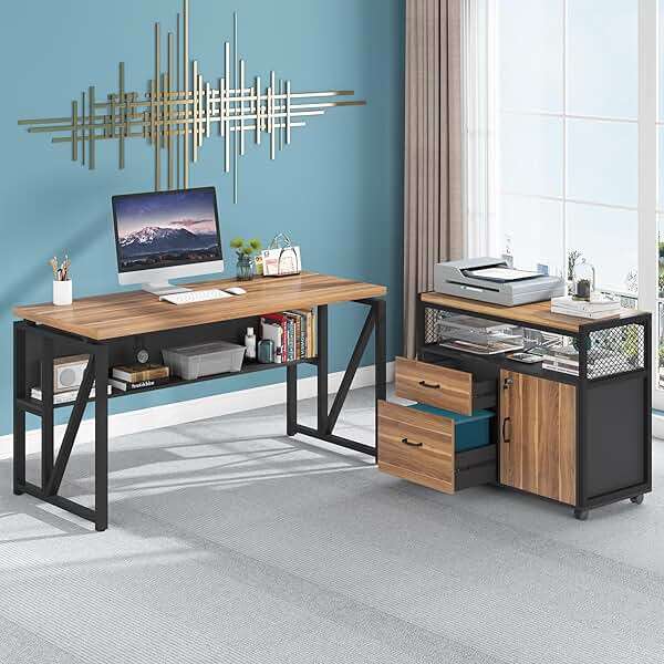 Tribesigns 55-inch L Shaped Desk with Drawer Cabinet, Executive Computer Desk and lateral File Cabinet, 2 Piece Home Office Furniture with Drawers for Hanging File, Doors with Locks (Brown, 55 inches) - Image 7