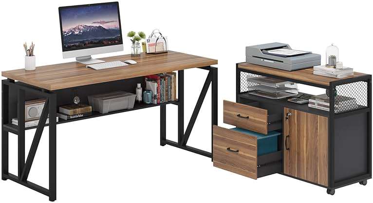 Tribesigns 55-inch L Shaped Desk with Drawer Cabinet, Executive Computer Desk and lateral File Cabinet, 2 Piece Home Office Furniture with Drawers for Hanging File, Doors with Locks (Brown, 55 inches) - Image 9