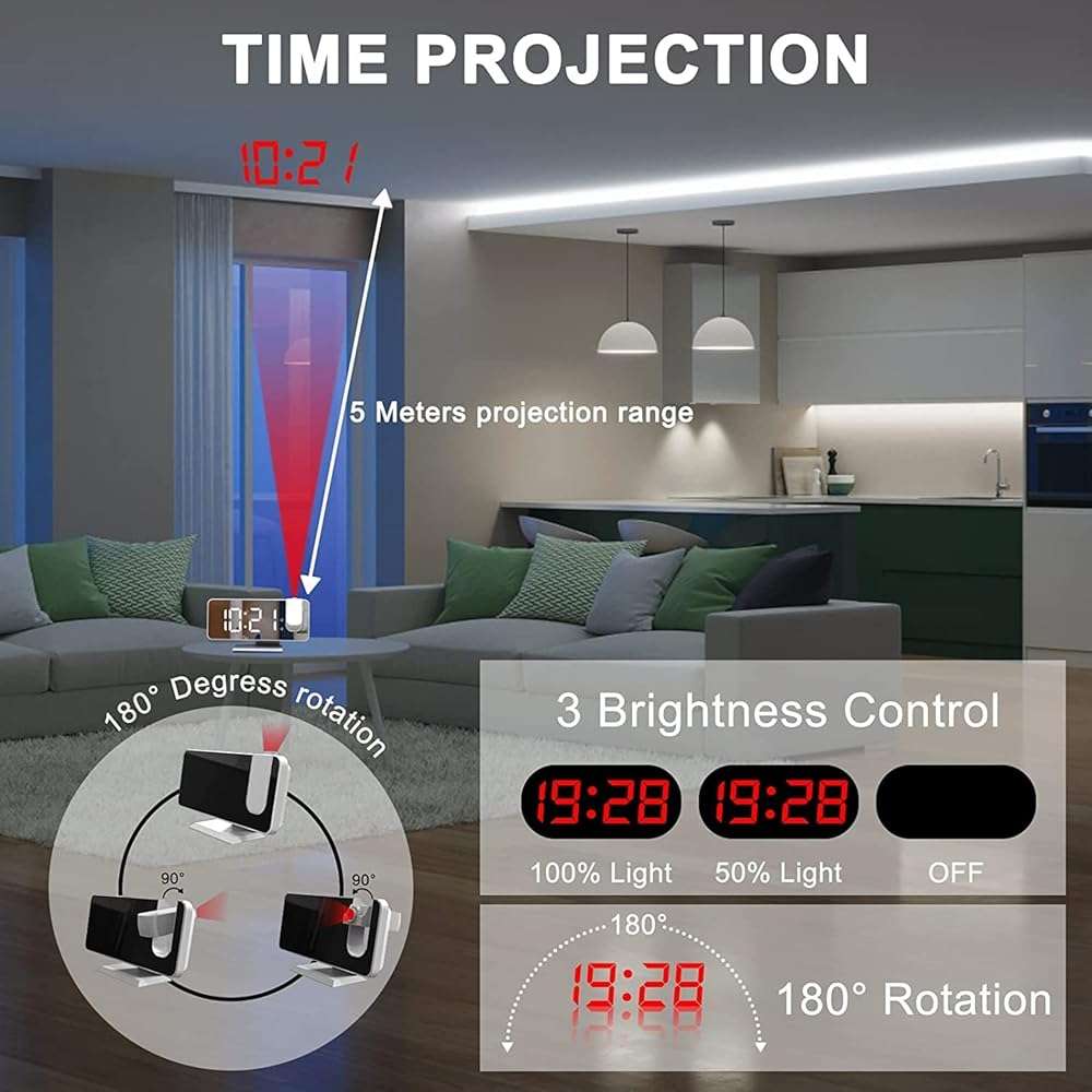 Projection Digital Alarm Clock for Bedrooms, Clock Radio on Ceiling, USB Charger Port, Temperature & Humidity Display, 7.3” Large Mirror LED Display,12/24H,Snooze,Dual Loud Alarm Clock- 4 Dimmer - Image 4