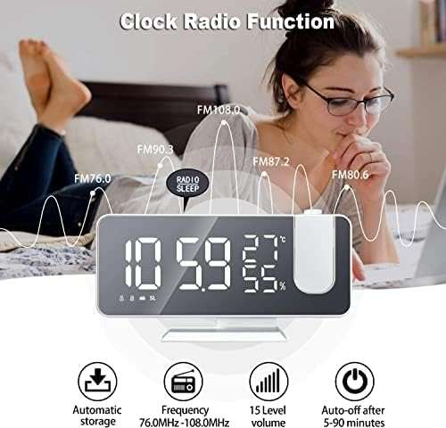 Projection Digital Alarm Clock for Bedrooms, Clock Radio on Ceiling, USB Charger Port, Temperature & Humidity Display, 7.3” Large Mirror LED Display,12/24H,Snooze,Dual Loud Alarm Clock- 4 Dimmer - Image 5