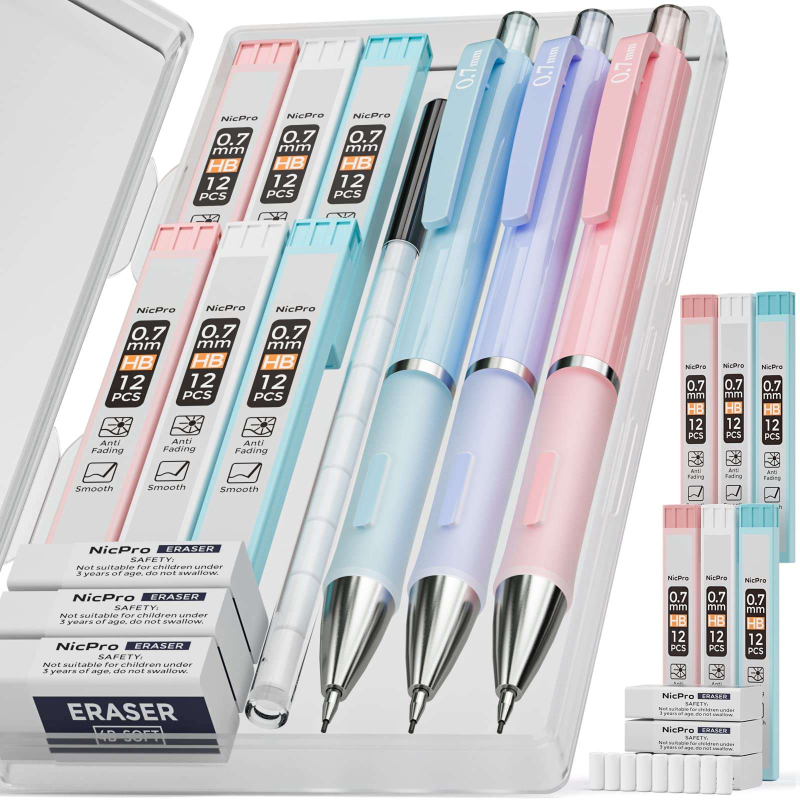 Nicpro 3PCS Cute Mechanical Pencil Set with Case, 0.7 mm Pencils with 6 Tube HB Lead Refill, 3PCS Eraser, 9PCS Eraser Refill for School Supplies Student Writing, Drafting Drawing Sketching - Image 1