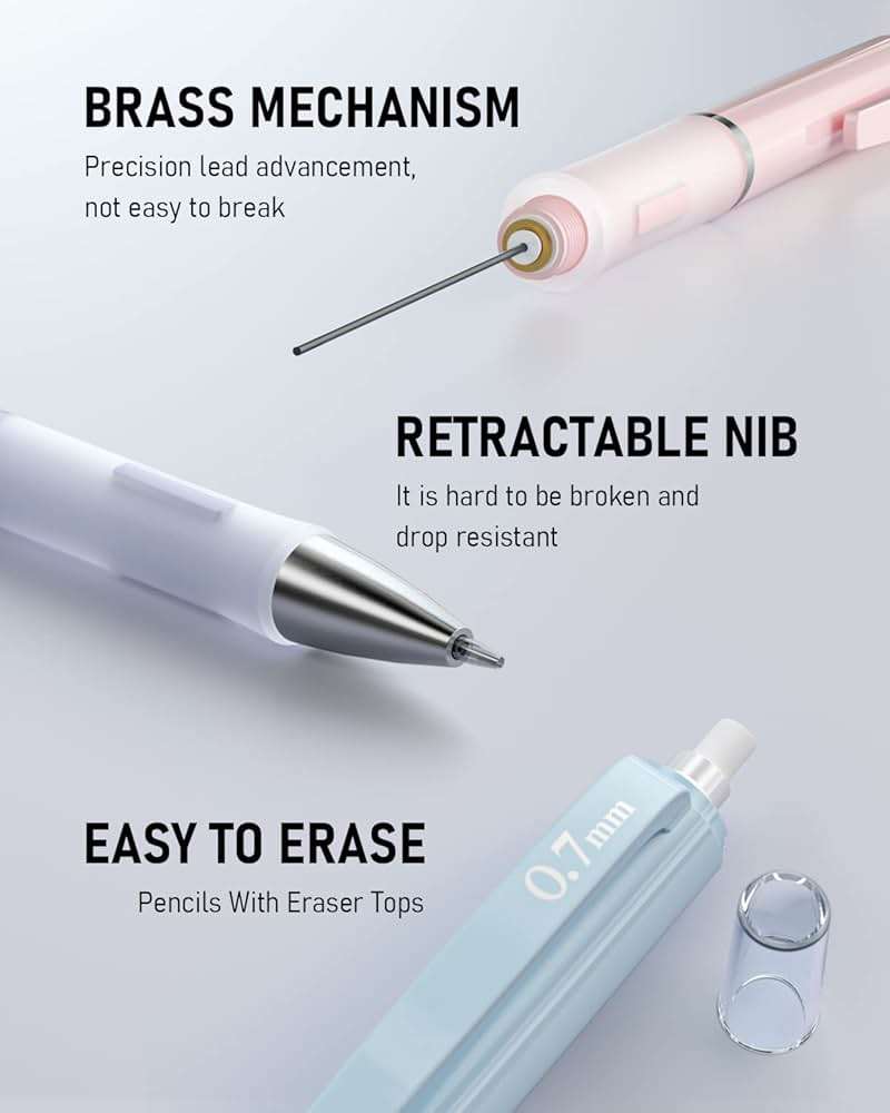 Nicpro 3PCS Cute Mechanical Pencil Set with Case, 0.7 mm Pencils with 6 Tube HB Lead Refill, 3PCS Eraser, 9PCS Eraser Refill for School Supplies Student Writing, Drafting Drawing Sketching - Image 5