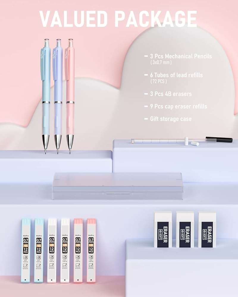 Nicpro 3PCS Cute Mechanical Pencil Set with Case, 0.7 mm Pencils with 6 Tube HB Lead Refill, 3PCS Eraser, 9PCS Eraser Refill for School Supplies Student Writing, Drafting Drawing Sketching - Image 7