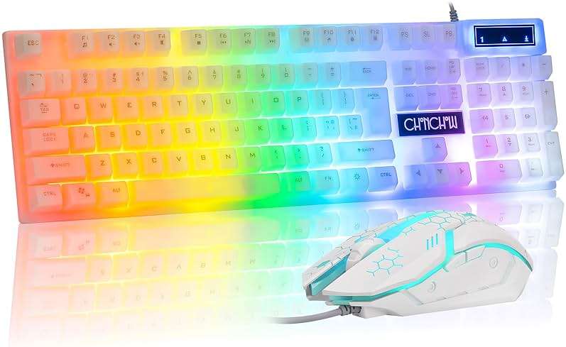 CHONCHOW LED Keyboard and Mouse, 104 Keys Rainbow Backlit Keyboard and 7 Color RGB Mouse, White Gaming Keyboard and Mouse Combo for PC Laptop Xbox PS4 Gamers and Work - Image 1