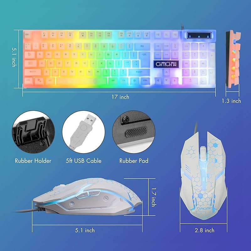 CHONCHOW LED Keyboard and Mouse, 104 Keys Rainbow Backlit Keyboard and 7 Color RGB Mouse, White Gaming Keyboard and Mouse Combo for PC Laptop Xbox PS4 Gamers and Work - Image 3