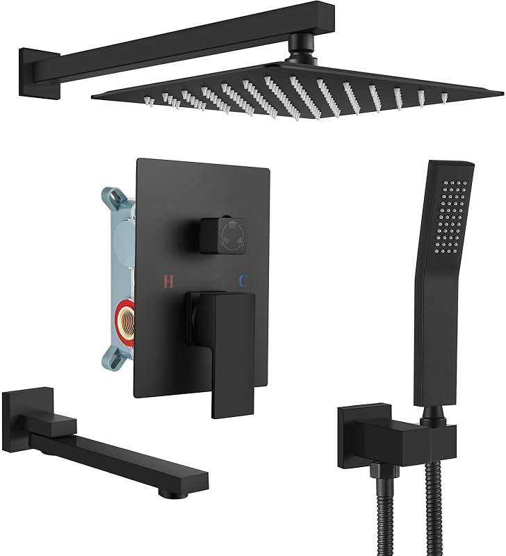 gotonovo Rainfall Tub Shower Faucet Set Bathroom Shower System with Tub Spout Wall Mount Square High Pressure Shower Fixtures with Handheld Sprayer Rough-In Valve 12'' Shower Head,Matte Black - Image 1