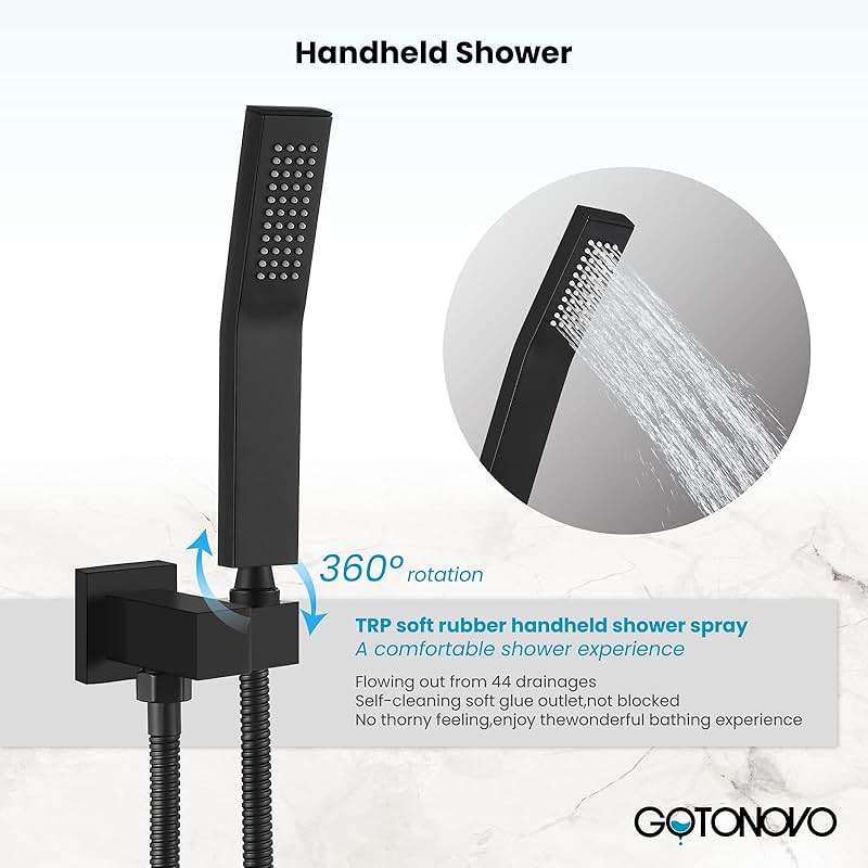gotonovo Rainfall Tub Shower Faucet Set Bathroom Shower System with Tub Spout Wall Mount Square High Pressure Shower Fixtures with Handheld Sprayer Rough-In Valve 12'' Shower Head,Matte Black - Image 4