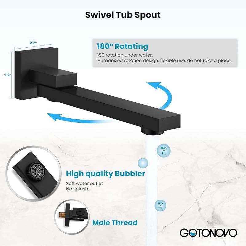 gotonovo Rainfall Tub Shower Faucet Set Bathroom Shower System with Tub Spout Wall Mount Square High Pressure Shower Fixtures with Handheld Sprayer Rough-In Valve 12'' Shower Head,Matte Black - Image 6
