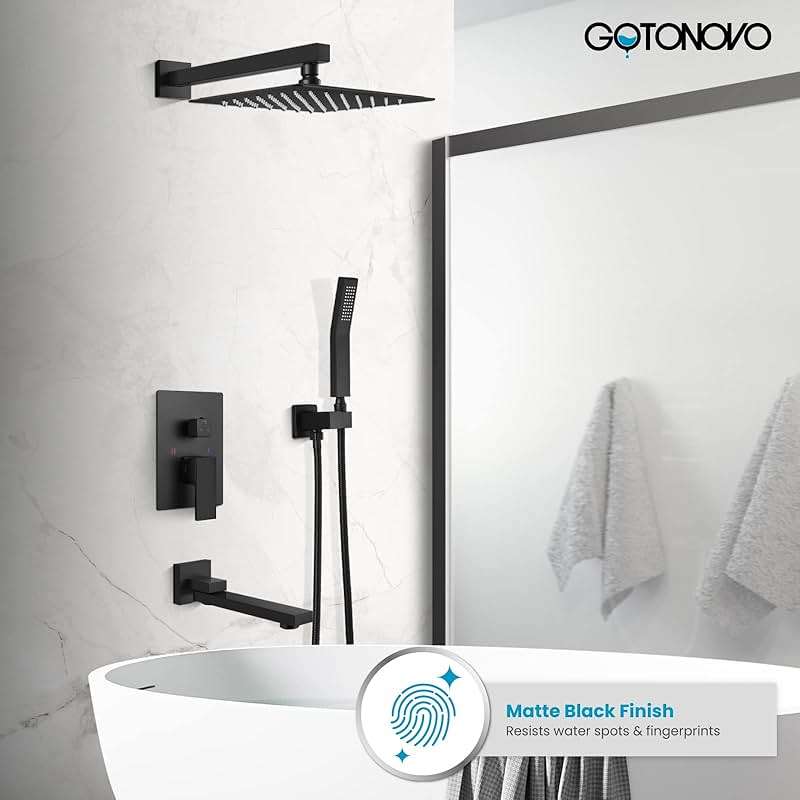 gotonovo Rainfall Tub Shower Faucet Set Bathroom Shower System with Tub Spout Wall Mount Square High Pressure Shower Fixtures with Handheld Sprayer Rough-In Valve 12'' Shower Head,Matte Black - Image 8