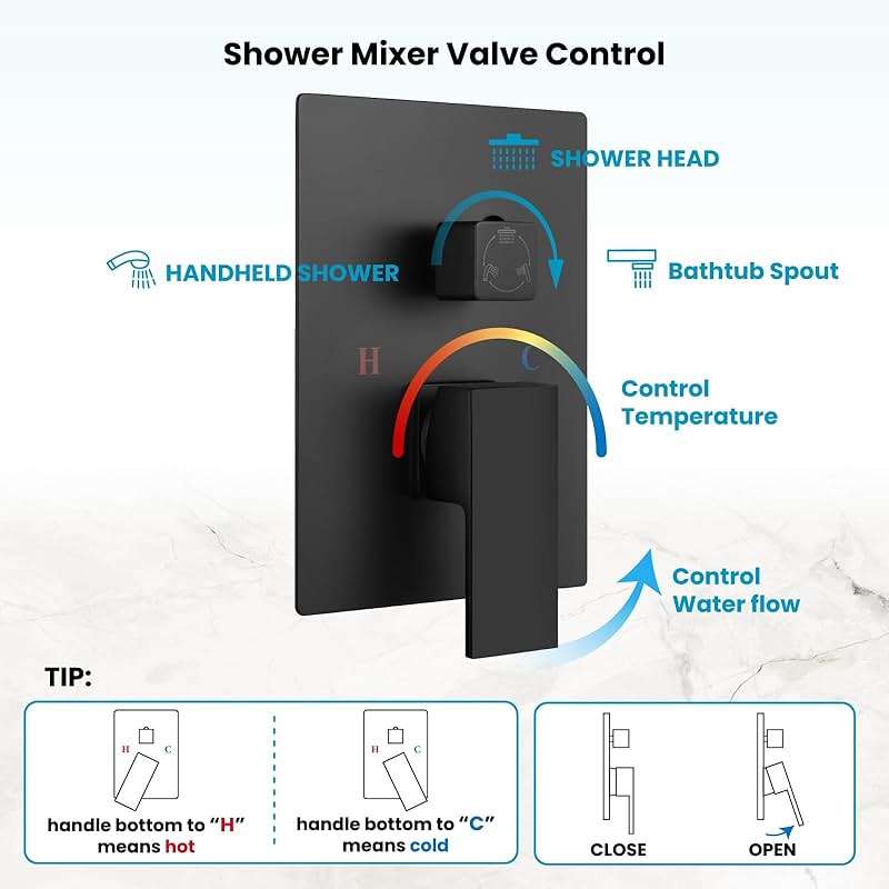 gotonovo Rainfall Tub Shower Faucet Set Bathroom Shower System with Tub Spout Wall Mount Square High Pressure Shower Fixtures with Handheld Sprayer Rough-In Valve 12'' Shower Head,Matte Black - Image 9