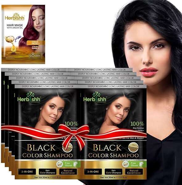 Herbishh Natural Hair Dye Shampoo with Argan Mask - Long-Lasting Color for Gray Hair - Travel Size, 10+1 Pack, Ammonia-Free (Black) - Image 1
