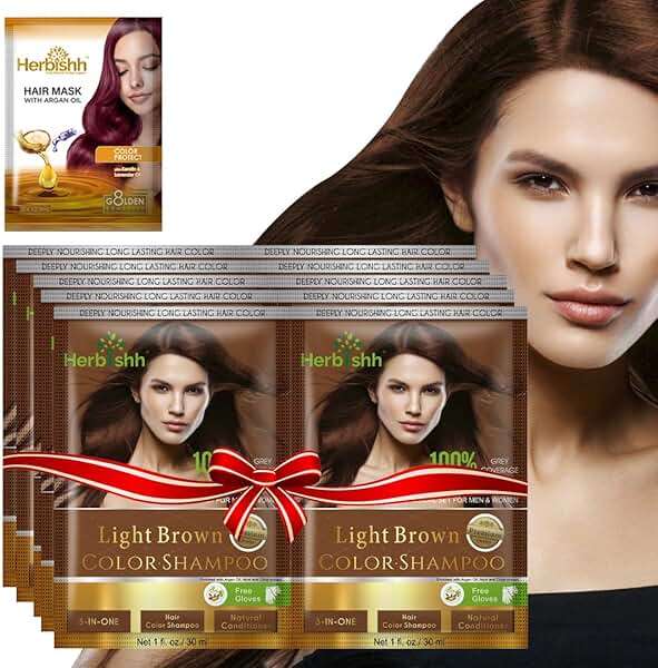 Herbishh Hair Color Shampoo for Gray Hair–Natural Hair Dye Shampoo with Argan Hair Mask–Travel size-Colors Hair in Minutes–Long lasting colour–10pack+1pack–Ammonia-Free (Light Brown) - Image 1