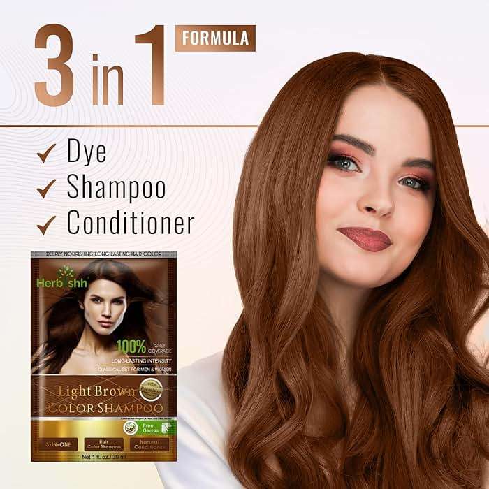Herbishh Hair Color Shampoo for Gray Hair–Natural Hair Dye Shampoo with Argan Hair Mask–Travel size-Colors Hair in Minutes–Long lasting colour–10pack+1pack–Ammonia-Free (Light Brown) - Image 5