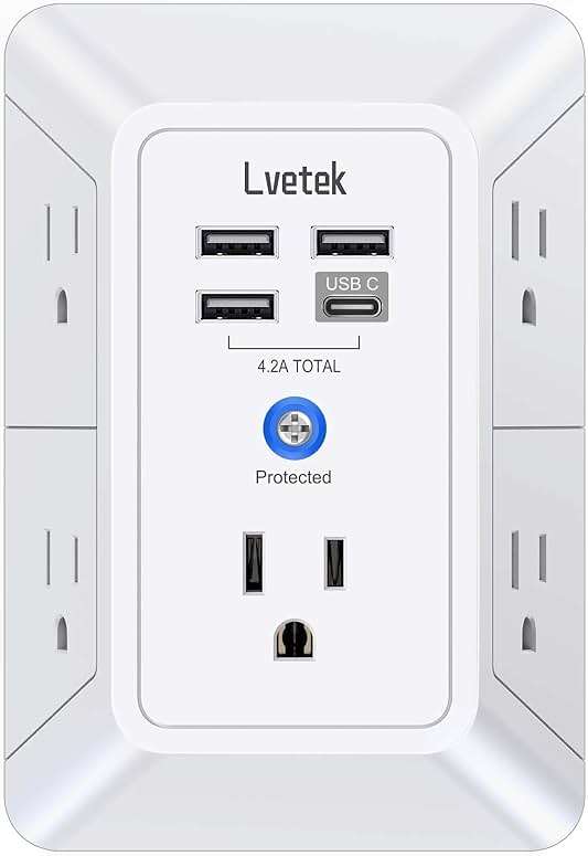 5 Outlet Extender Multi Plug Wall Outlets with 4 USB Charging Ports (1 USB C Outlet), 3 Sided 1680J Surge Protector Power Strip USB Wall Charger for Home, Office, Travel, ETL Listed, White - Image 1