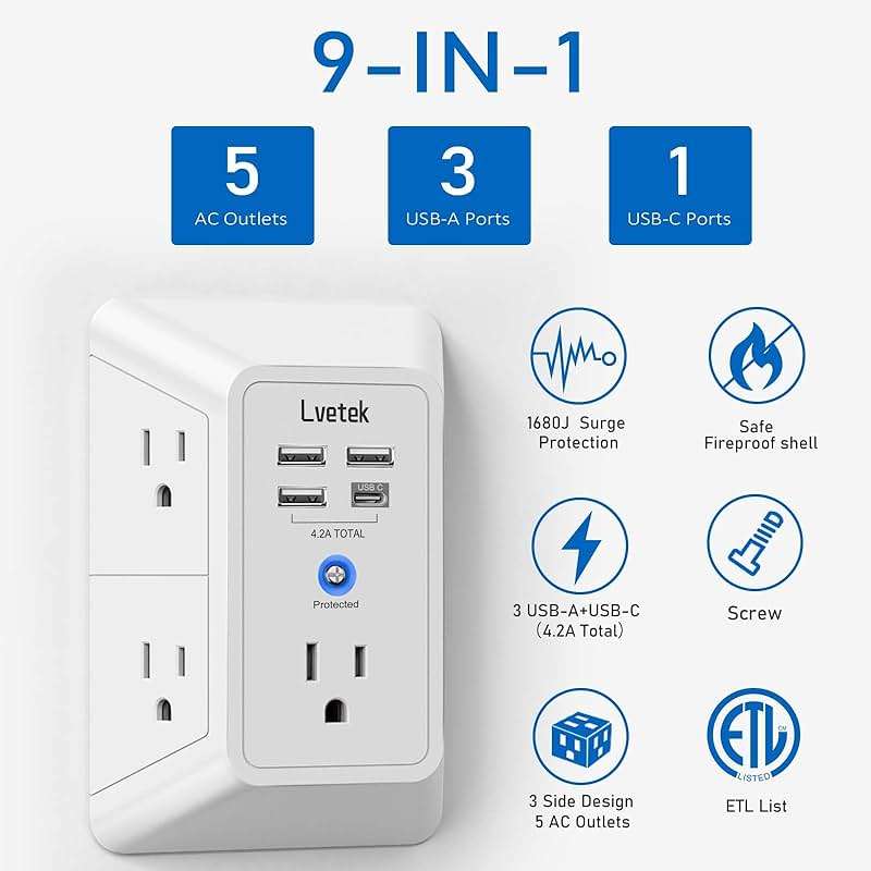 5 Outlet Extender Multi Plug Wall Outlets with 4 USB Charging Ports (1 USB C Outlet), 3 Sided 1680J Surge Protector Power Strip USB Wall Charger for Home, Office, Travel, ETL Listed, White - Image 4