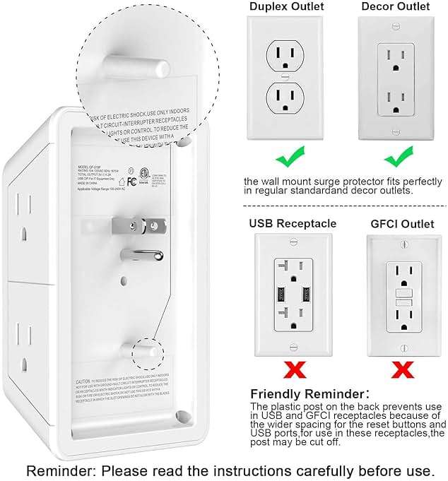 5 Outlet Extender Multi Plug Wall Outlets with 4 USB Charging Ports (1 USB C Outlet), 3 Sided 1680J Surge Protector Power Strip USB Wall Charger for Home, Office, Travel, ETL Listed, White - Image 6